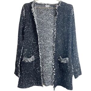 Sioni speckled gray open front fringe hem wool blend fitted cardigan sweater
